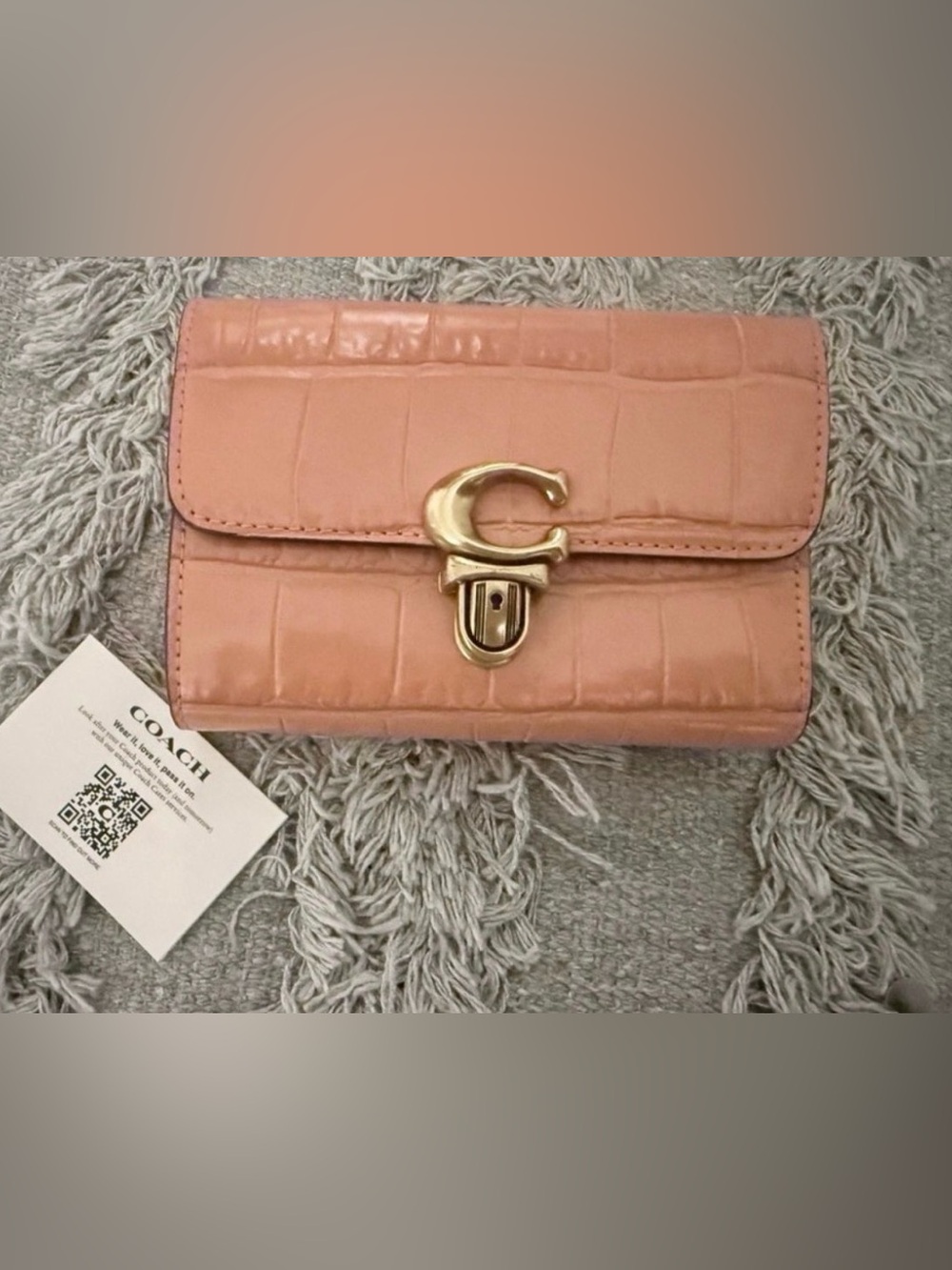 Coach Peach Croc-Embossed Leather Wallet with Gold 'C' Lock